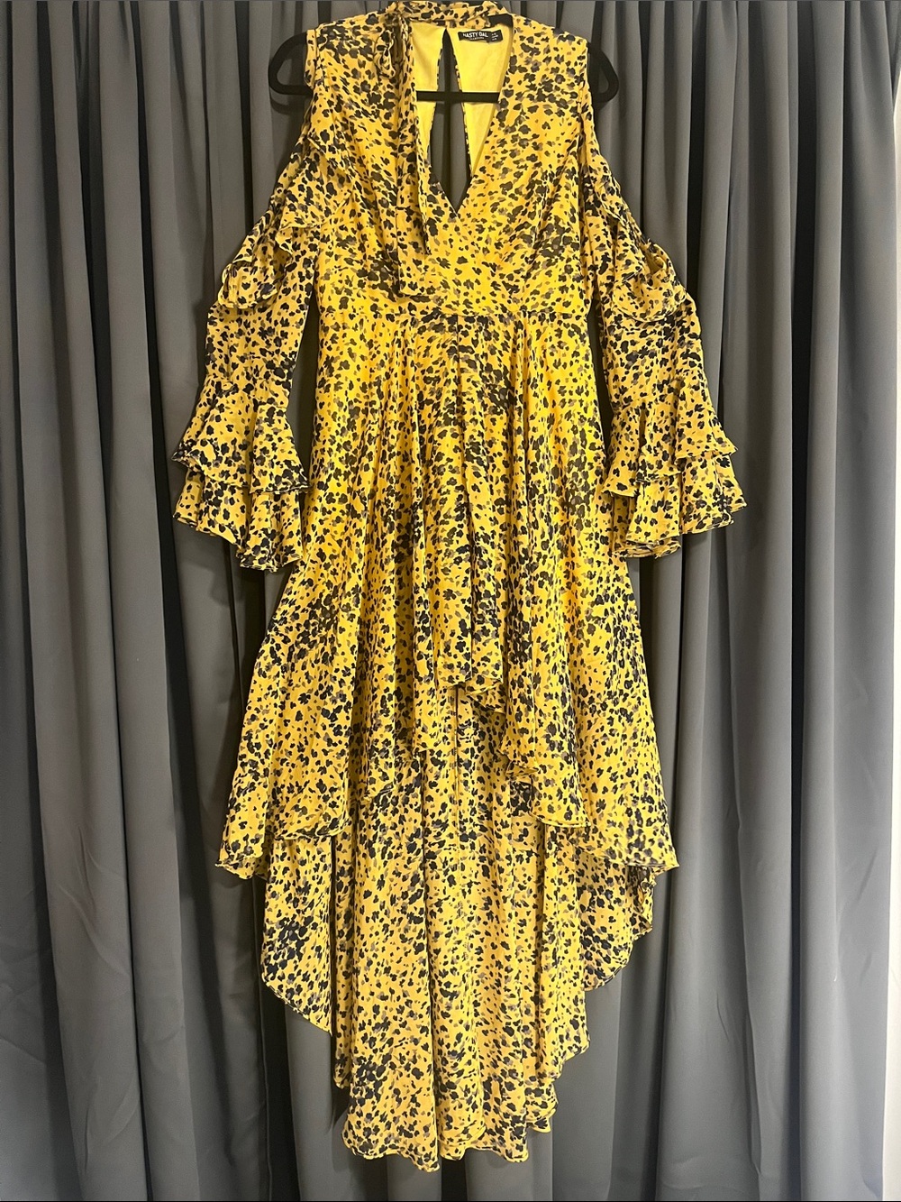 Nasty Gal Yellow Floral High-Low Ruffled Cold-Shoulder Dress